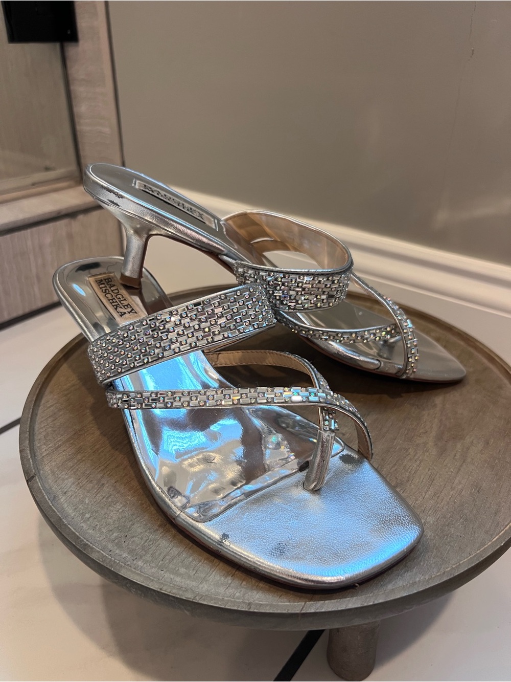 Badgley Mischka Silver Crystal-Strap Mid Heel Sandals 8.5